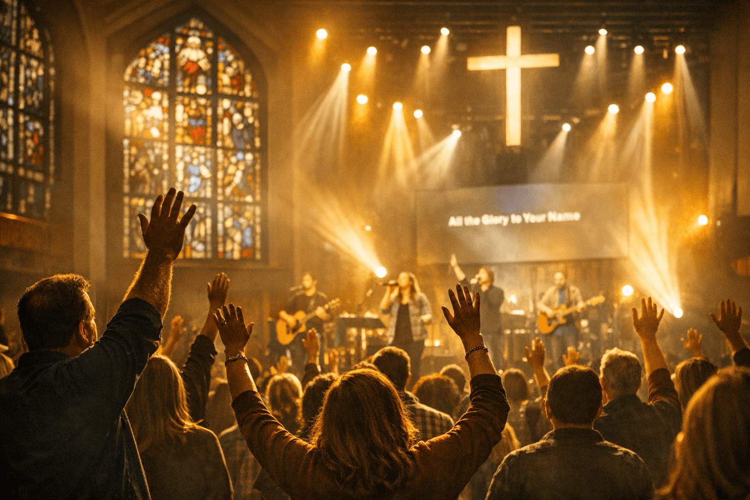Church congregation in worship service with raised hands and warm sanctuary lighting