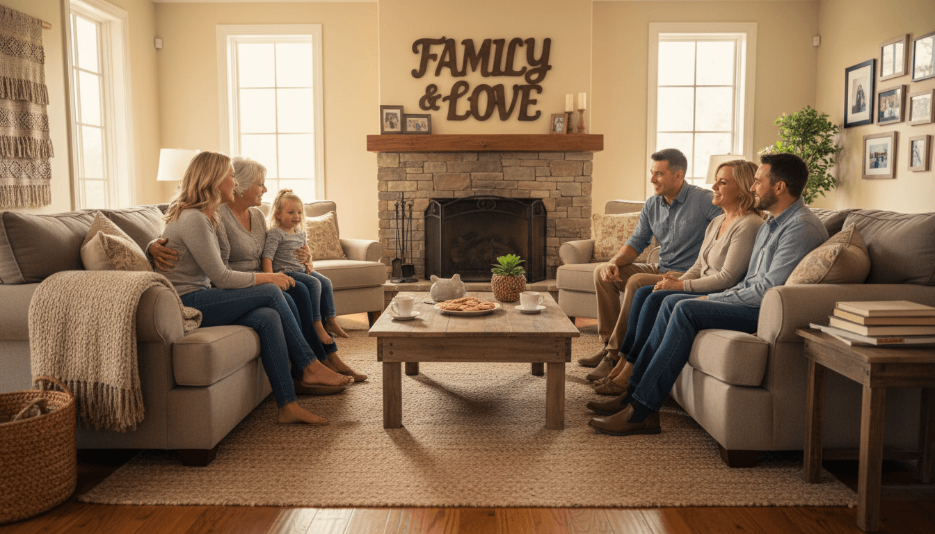 Warm family moment in welcoming home environment with natural light and comfortable seating