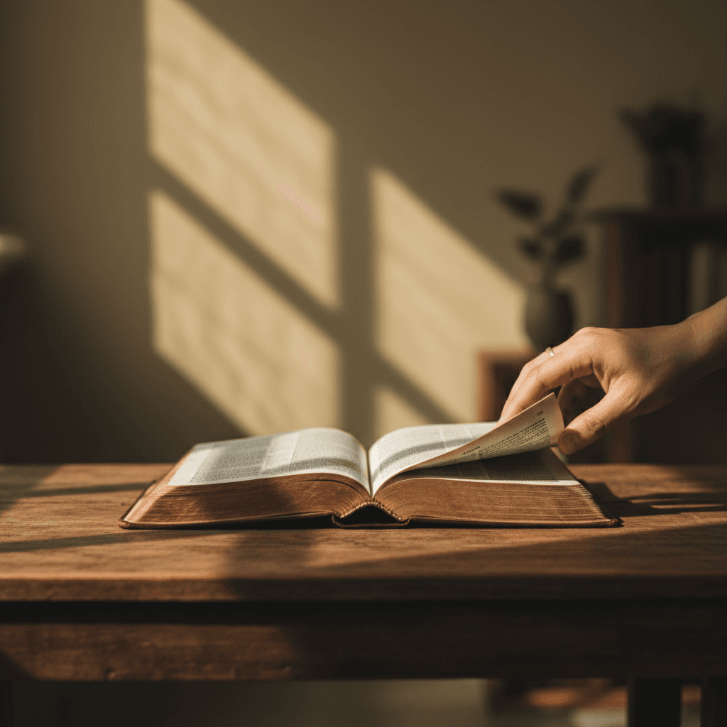 Open Bible on a wooden table with soft morning light and gentle shadows