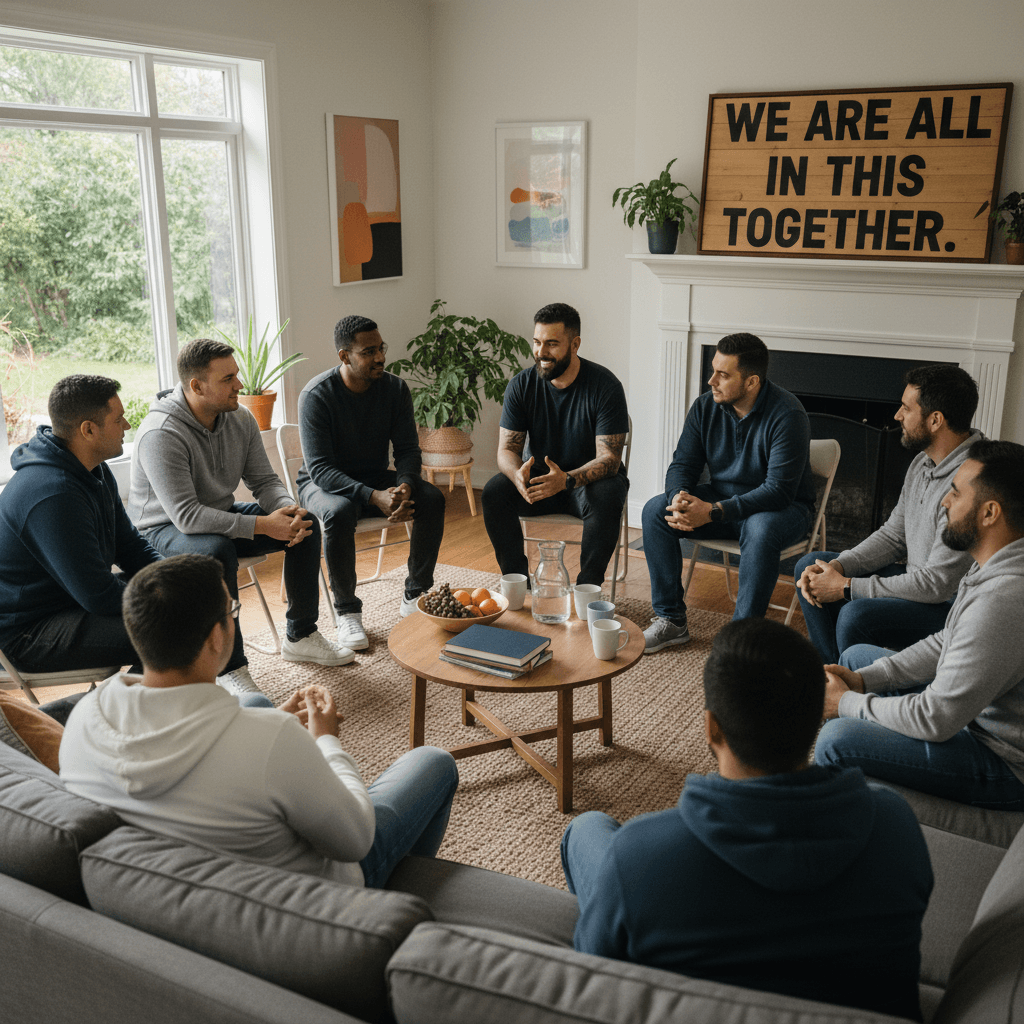 Diverse group of men in recovery program circle discussion supportive environment
