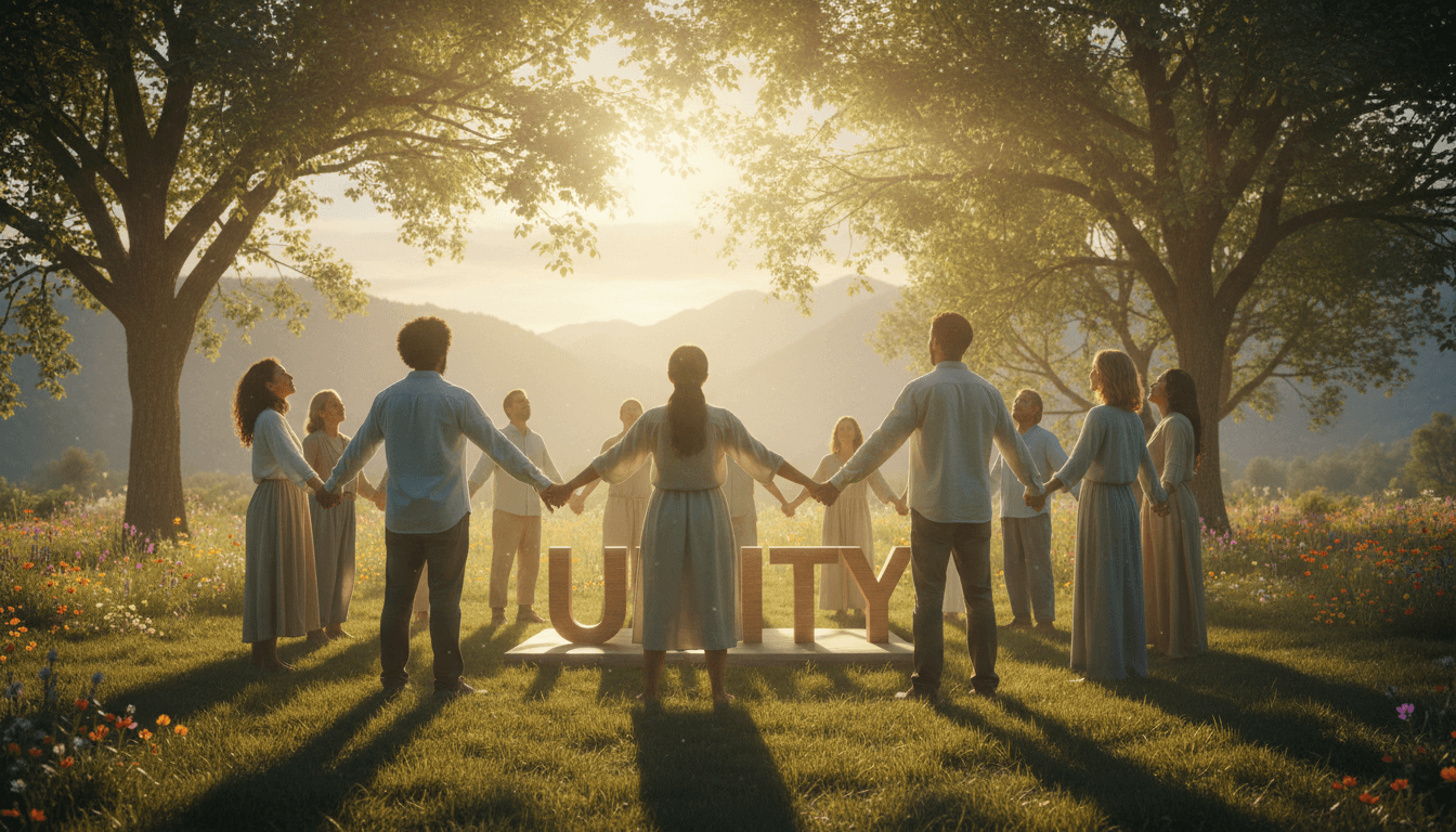Group of people in a circle holding hands outdoors with warm natural light, symbolizing community support and recovery hope