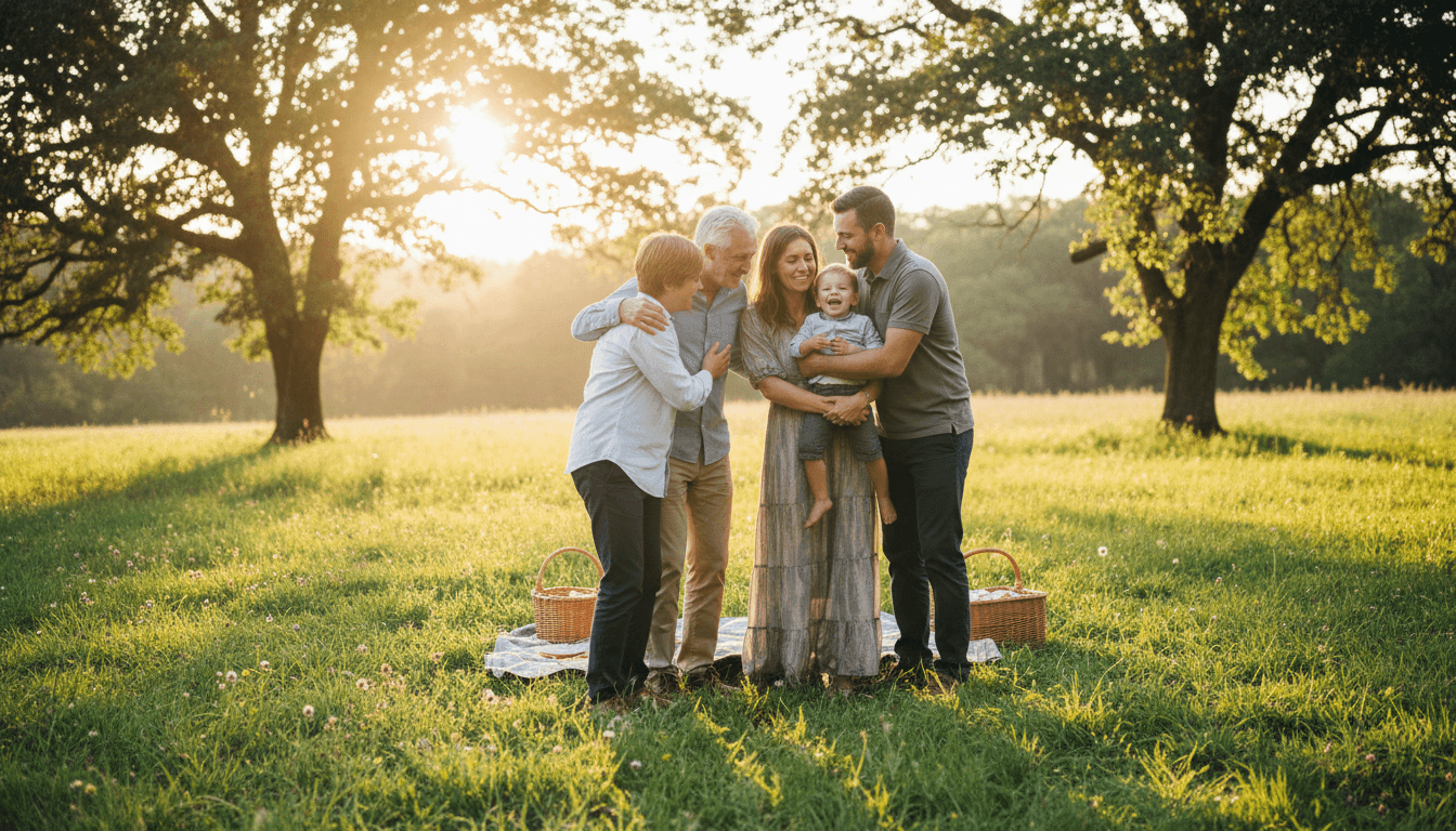 Family members reconnecting and embracing during a meaningful outdoor visit