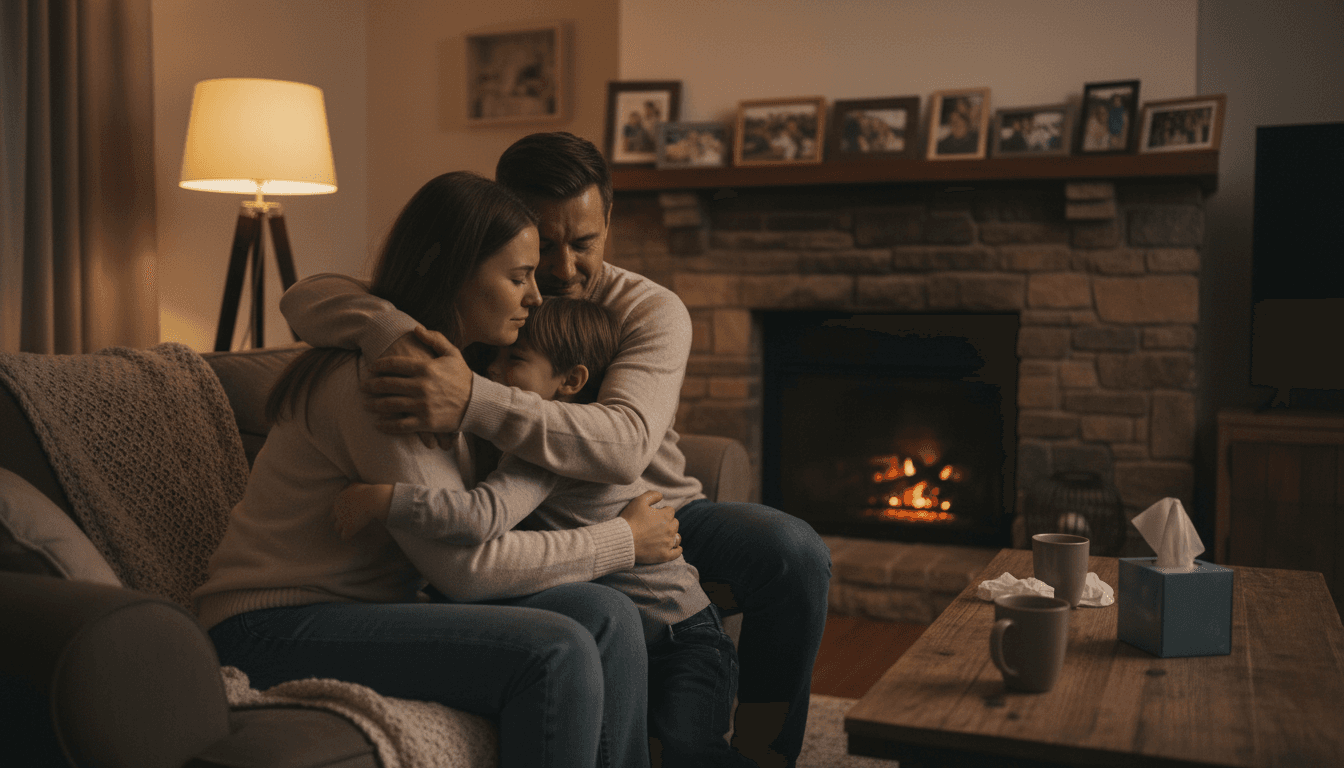 Family members reconnecting with warmth and hope during a healing moment
