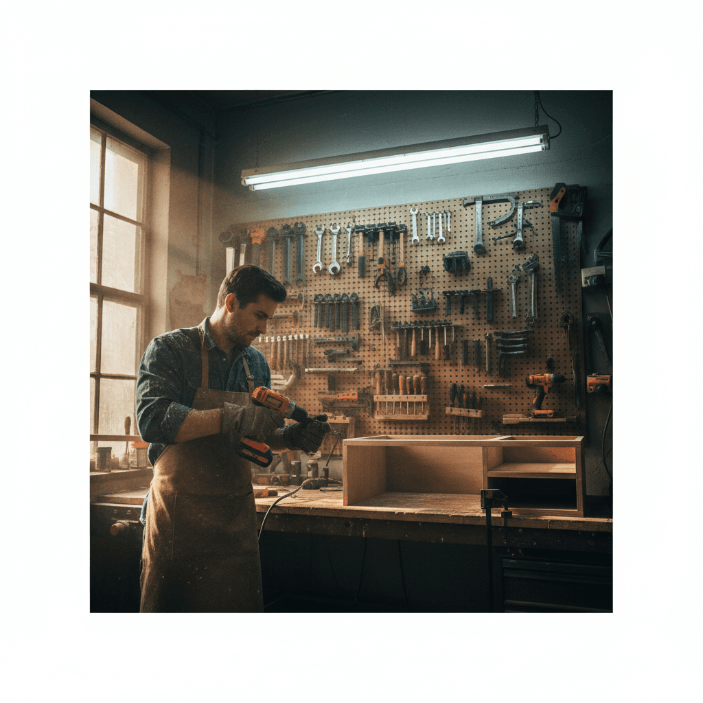 Man in work gloves holding a power drill at a workshop workbench