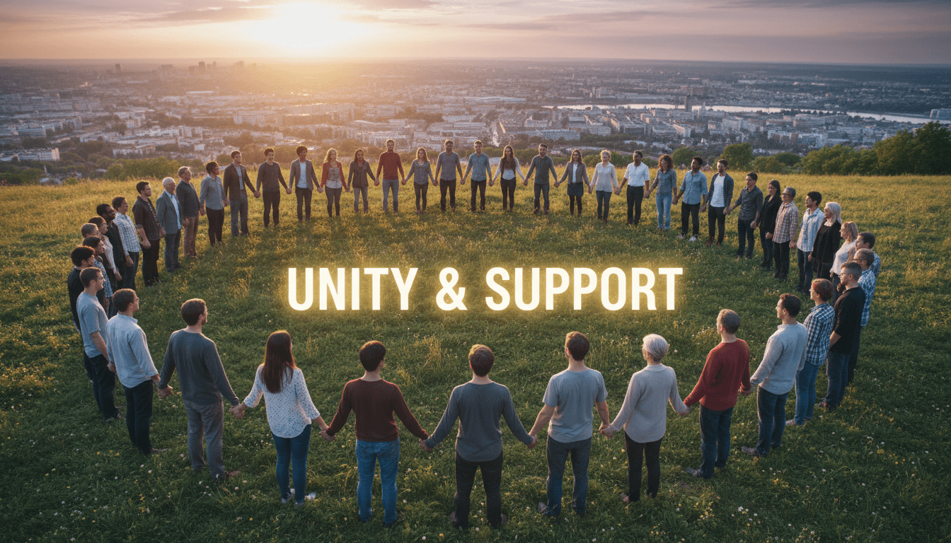 Community members standing together in a circle with hands joined, symbolizing unity and shared purpose for recovery ministry