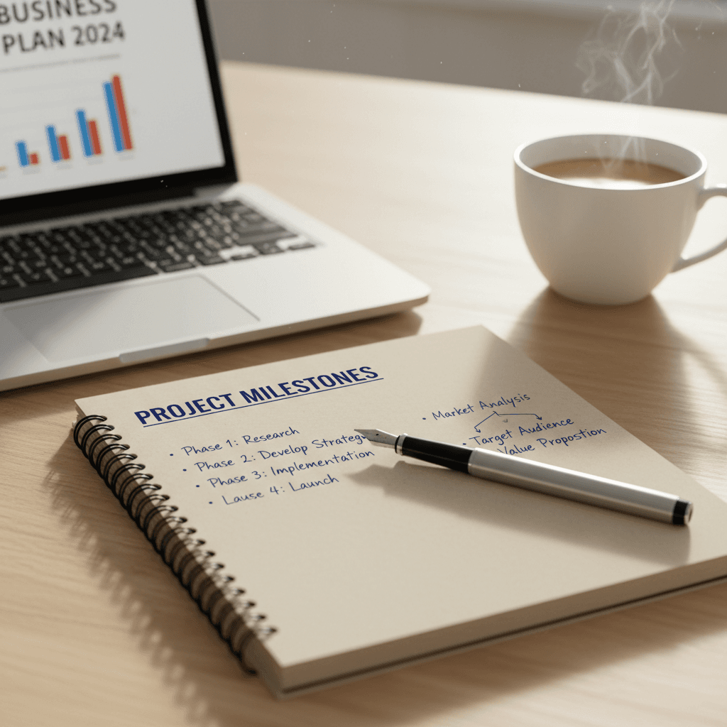 Handwritten notes in a notebook next to a laptop and coffee mug on a desk