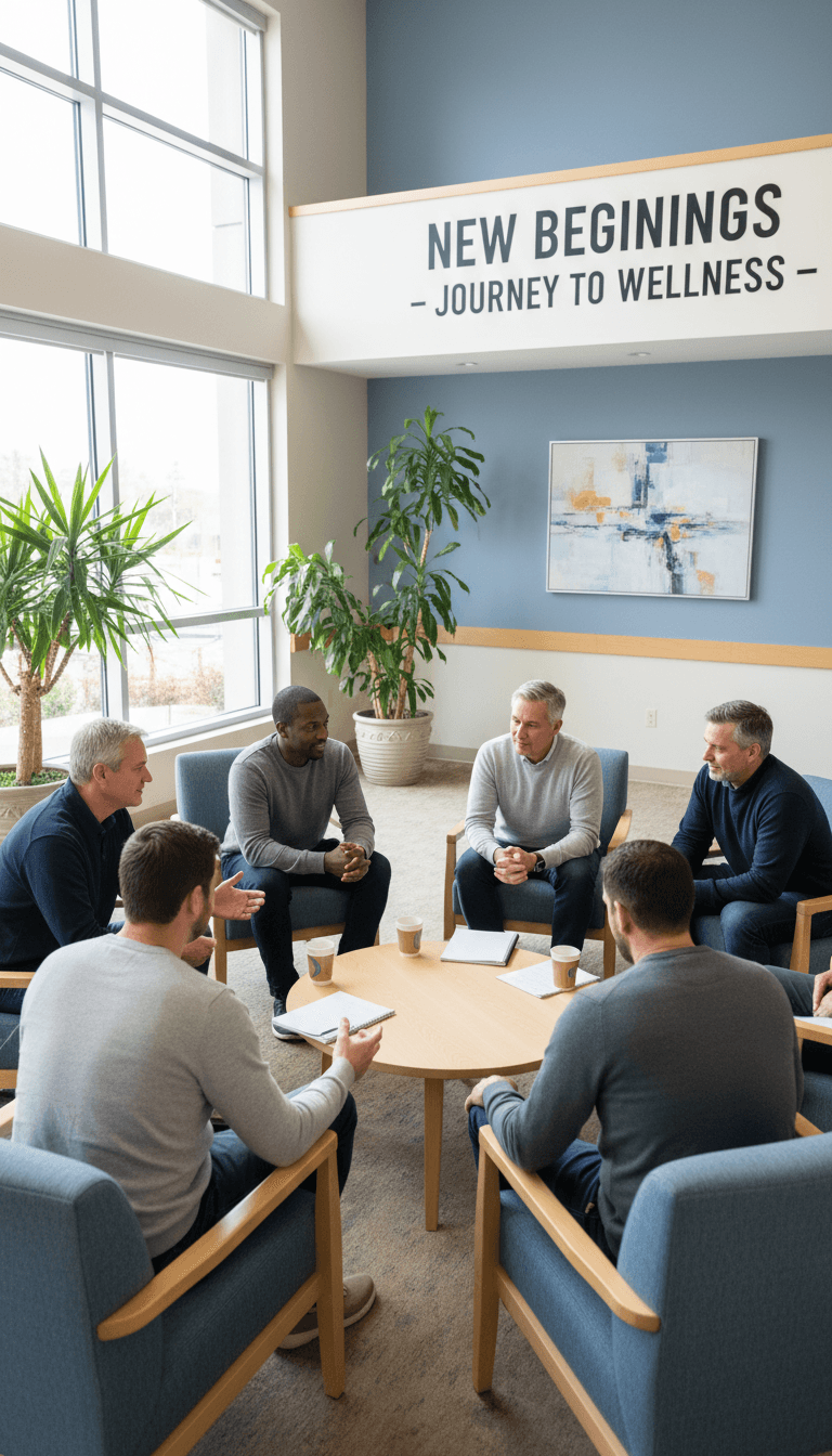 Men in recovery program participating in a group discussion circle in a bright community room