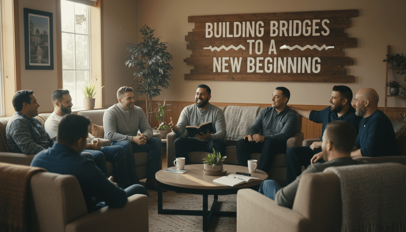 Men in recovery program participating in group discussion and community support