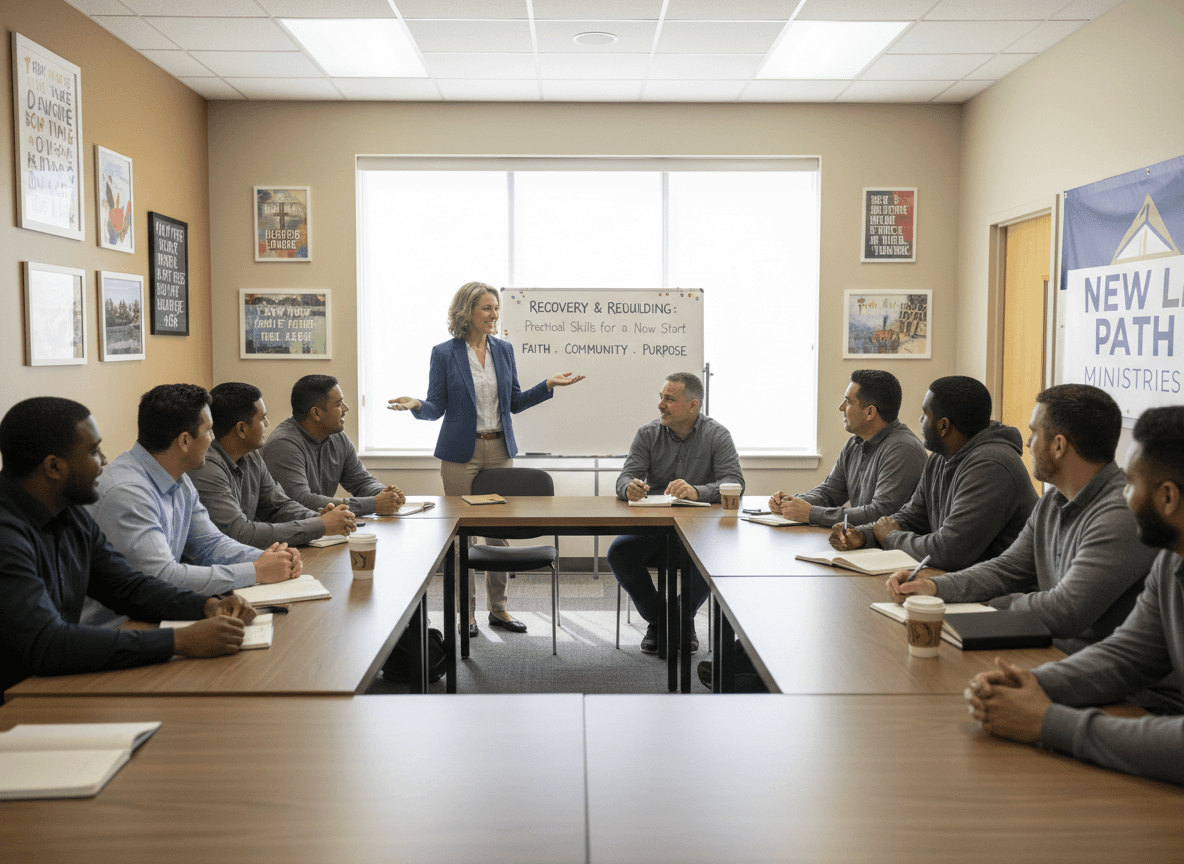 Woman leading a recovery and rebuilding workshop for men seated around a large conference table.