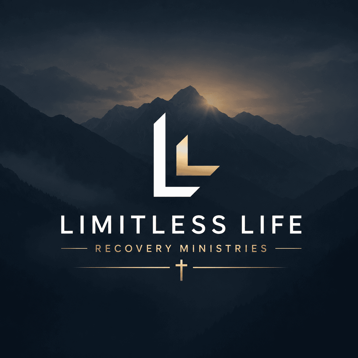 Limitless Life Recovery Ministries logo with stylized LL and cross over a mountain sunrise.