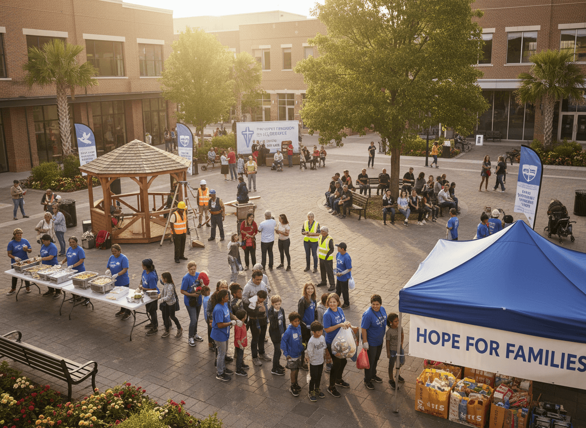 Volunteers serve food at a Hope for Families community event in a sunny outdoor plaza.