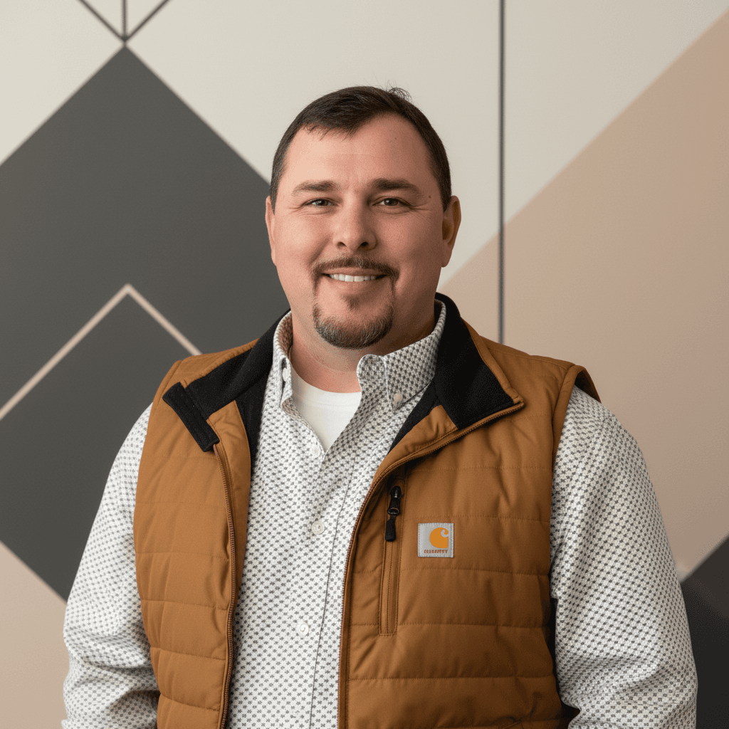 Smiling man with goatee wearing patterned shirt and brown vest against a geometric wall.