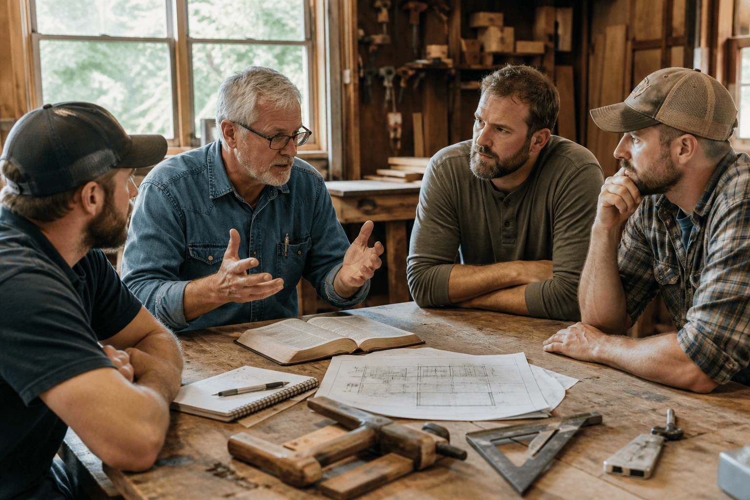 Men talking around a table at a faith-based recovery ministry in Northwest Arkansas