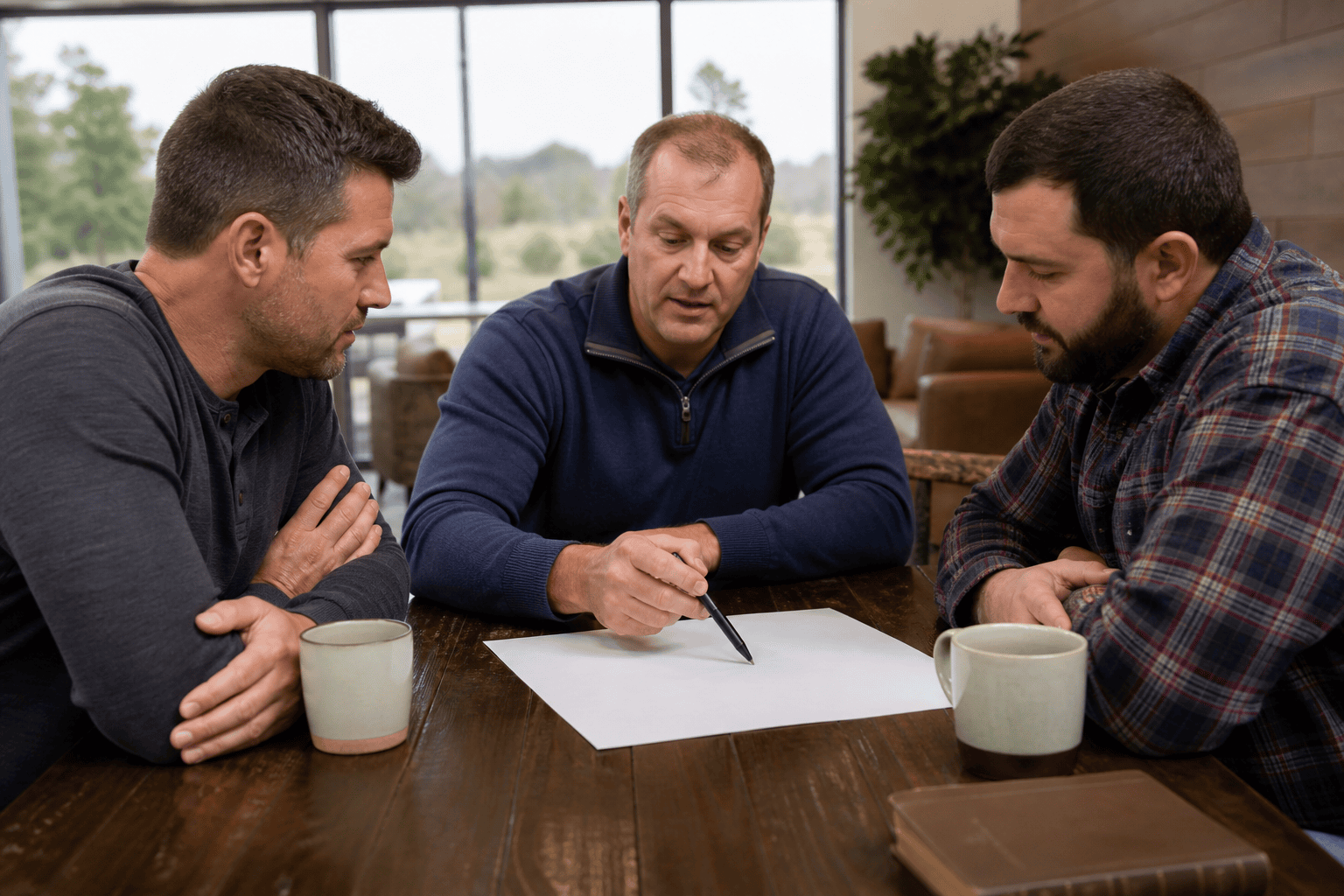 Men studying Scripture together in a Christ-centered recovery program in Rogers AR